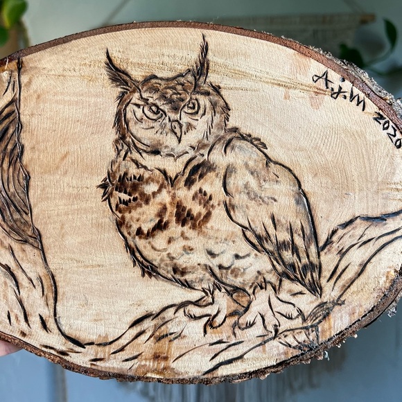 Hand-Burned Owl Wood Art Pyrography Rustic Cottagecore, Woodland, Nature Decor - Picture 3 of 8